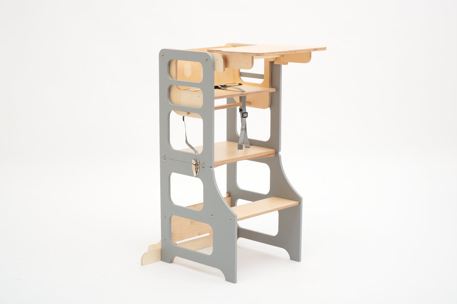 Grár 3in1 hjálparturn og matarstóll fyrir börn – step stool, matarstóll og leikstóll í einu