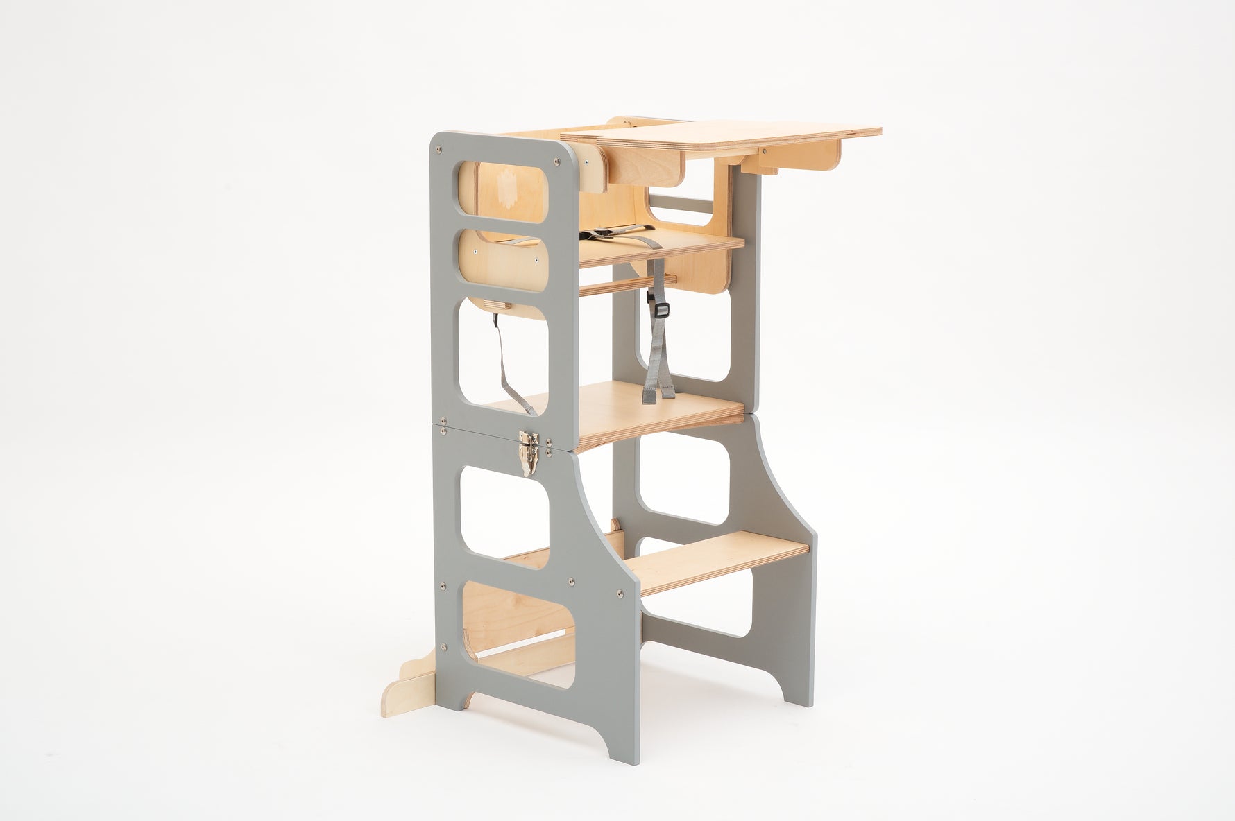 Grár 3in1 hjálparturn og matarstóll fyrir börn – step stool, matarstóll og leikstóll í einu