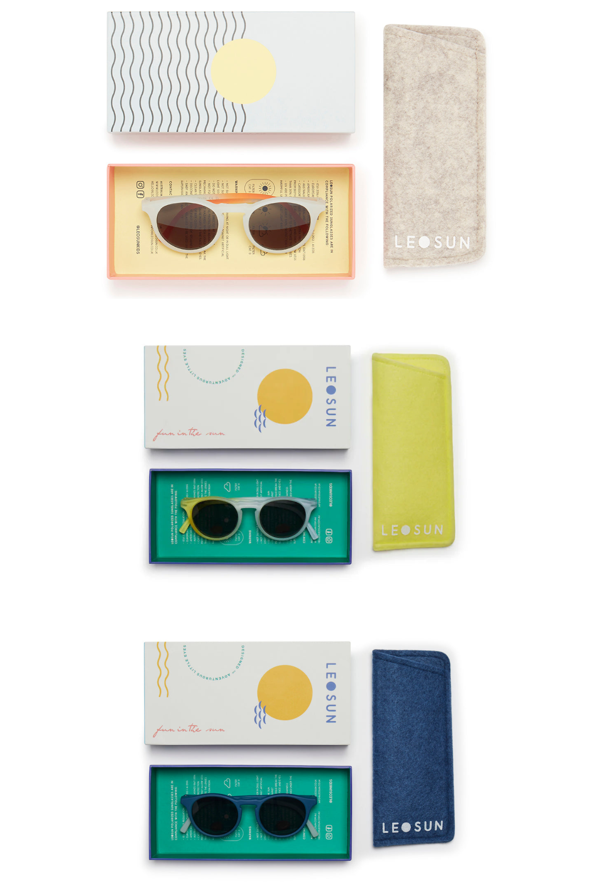 Leosun 0-2 ára sólgleraugu sýnd í mismunandi litum ofan frá