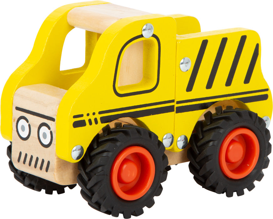 Yellow toy truck with black and red details on a white background