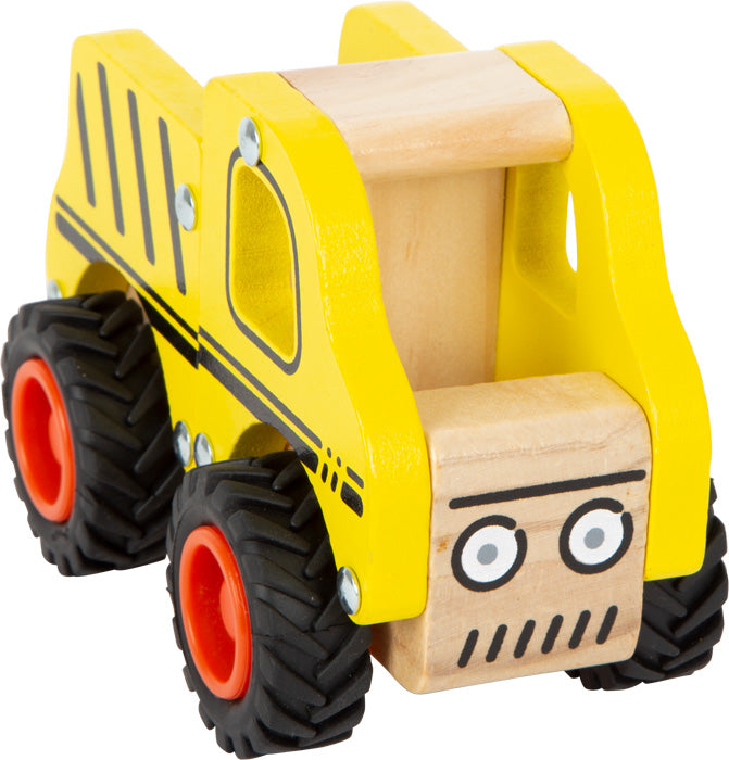 Wooden toy bulldozer with yellow body, black tires, and red wheel axles on a white background