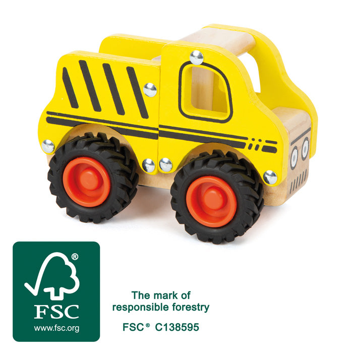 Wooden toy truck with FSC certification logo on a white background