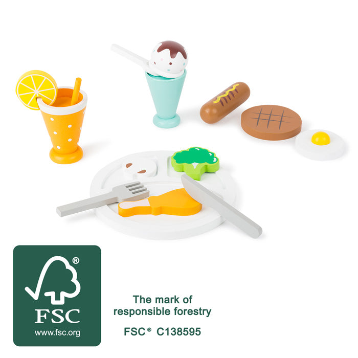 Lunch Break leikmáltíð úr FSC viði – diskur, hnífapör og matarleikföng.