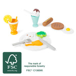 Lunch Break leikmáltíð úr FSC viði – diskur, hnífapör og matarleikföng.