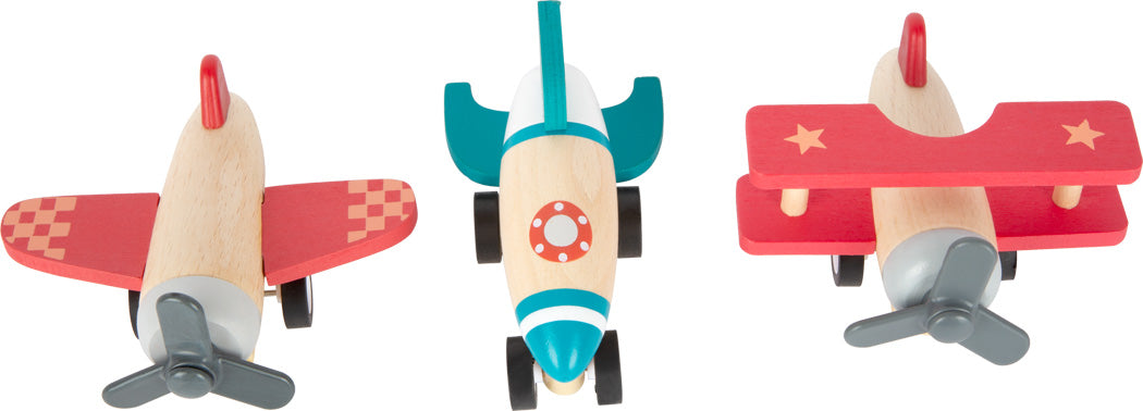 Flugvél, þota og eldflaug úr tré með pull-back mekanisma