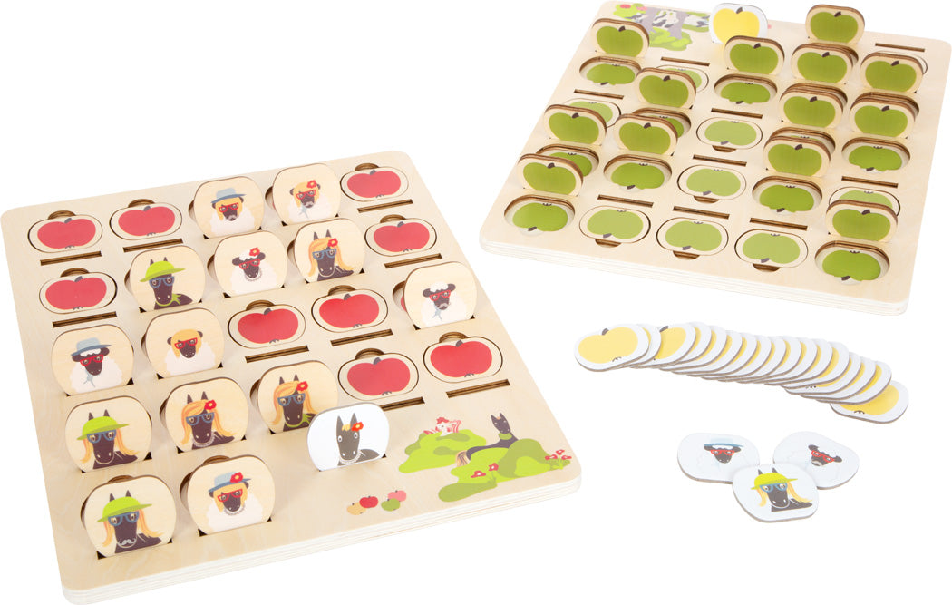 Viðarspilaborð með eplum og dýraflísum – Gettu hver?