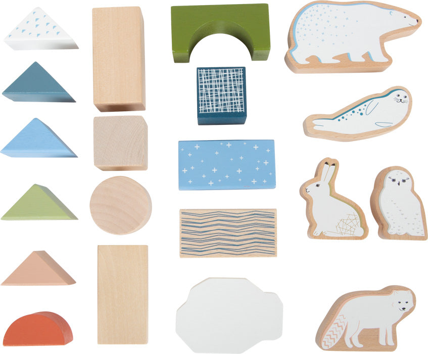 Yfirlitsmynd af öllum Arctic kubbunum, mismunandi form og dýrafígúrur.