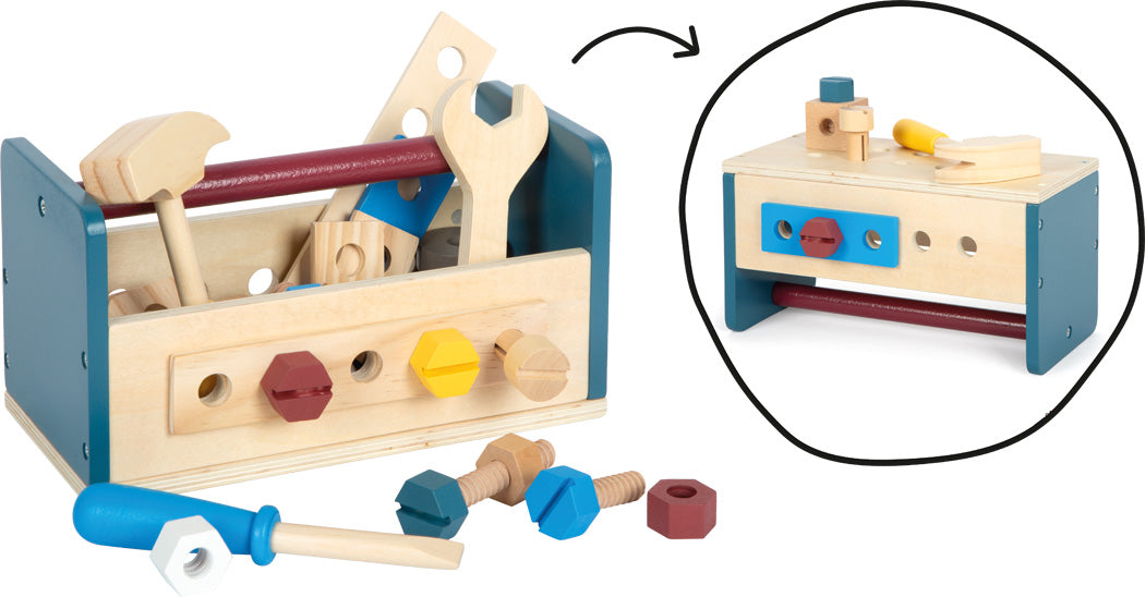 Verkfærakassi úr viði með skrúfuðum hlutum á hliðinni