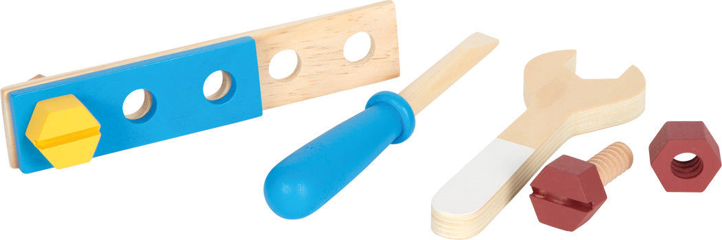 Skrúfjárn, lykill og skrúfur með viðarplötu