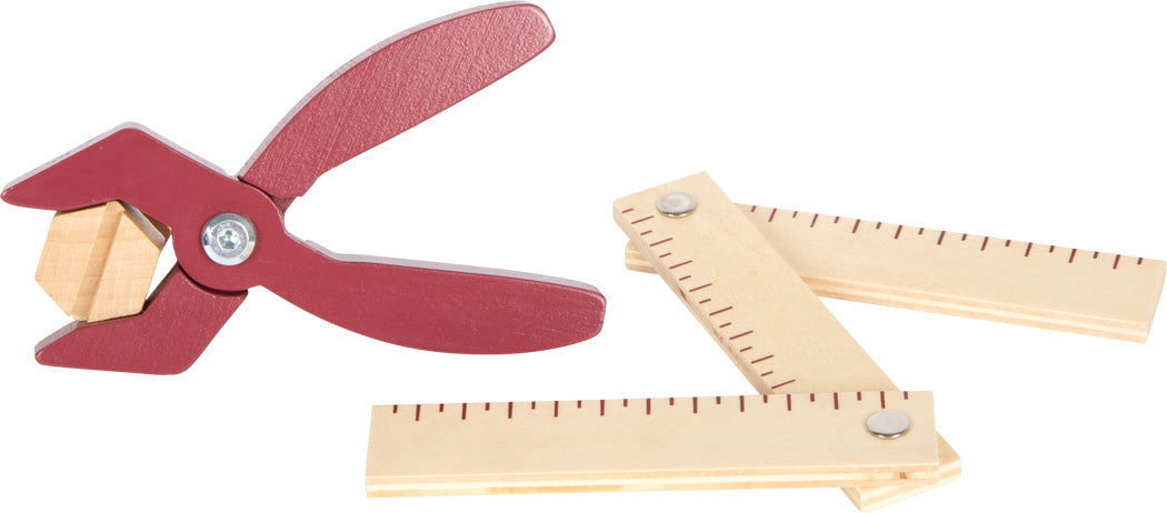 Viðartöng og samanbrjótanleg mælistika úr verkfærabeltinu, nærmynd