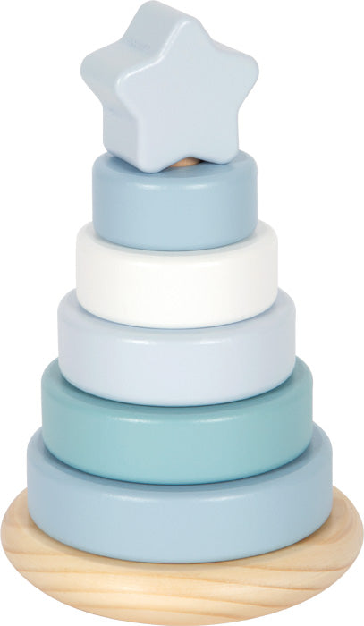 Blár staflturn úr við með stjörnu efst – Small Foot þroskaleikfang