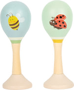 Tvær viðarhristur fyrir ungbörn með mjúkum litum og dýramyndum