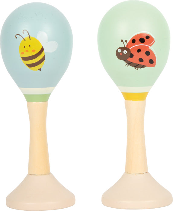 Tvær viðarhristur fyrir ungbörn með mjúkum litum og dýramyndum