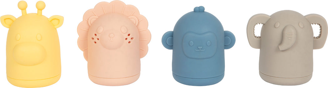 Fjögur sílíkon baðdýr í pastel litum – gíraffi, ljón, api og fíll.
