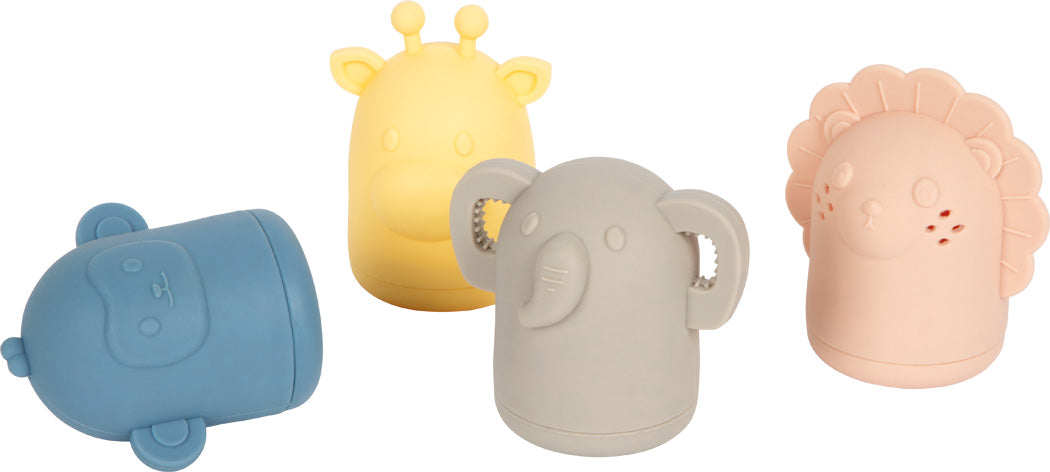 Sílíkon baðleikföng stafluð saman, mjúk og opnanleg.