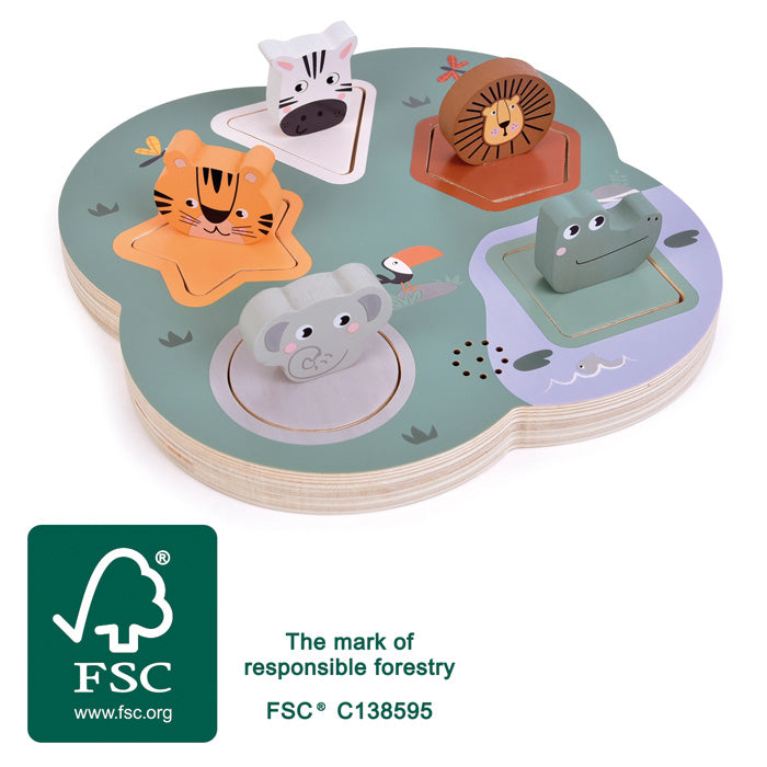 3D Safari hljóðpúsl – dýr og form á FSC® vottaðri púsla­plötu.