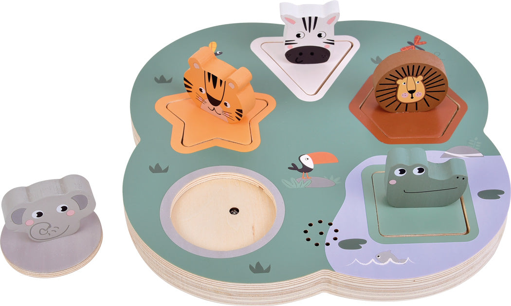3D Safari hljóðpúsl frá Small Foot með trédýrum á púsla­borði.