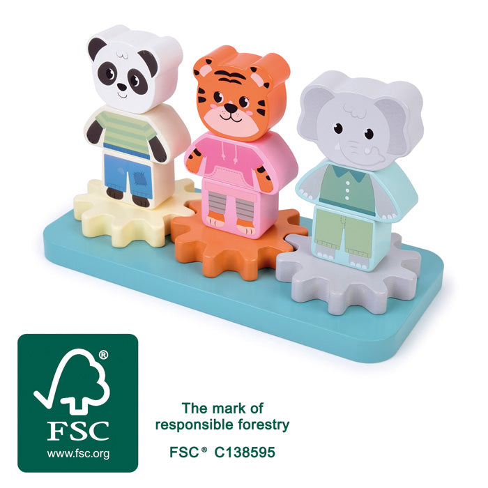 Toy set with animal figures on a base, featuring FSC certification logo.