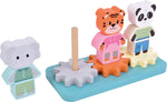 Wooden toy set with animal figures and a stand on a white background