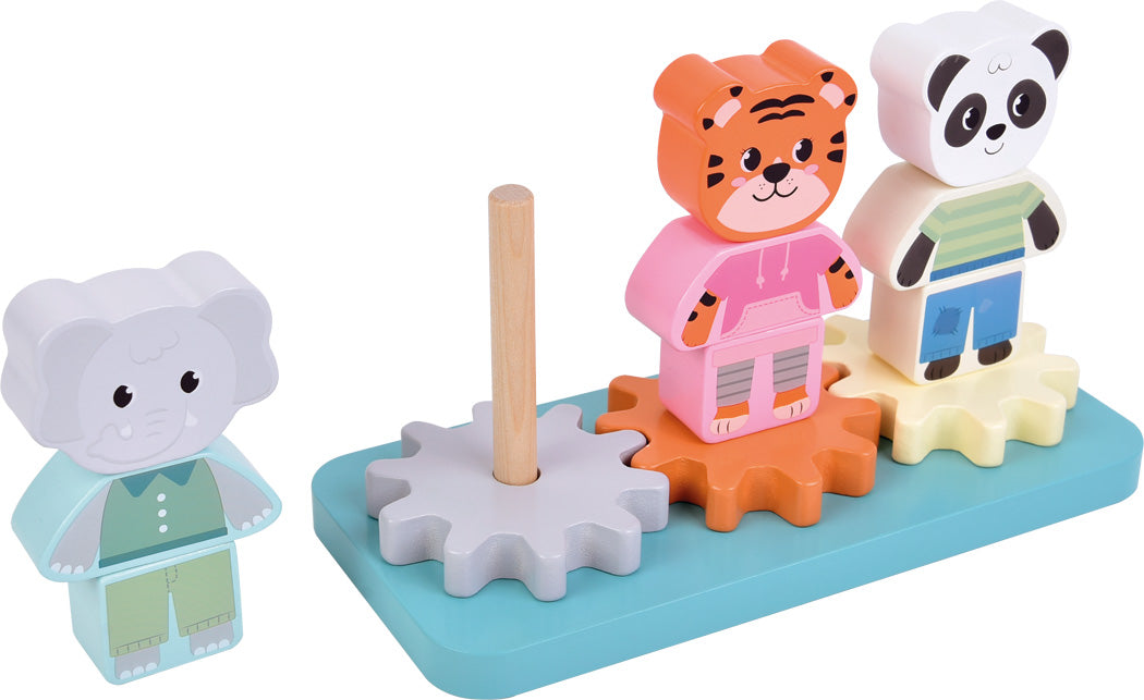 Wooden toy set with animal figures and a stand on a white background