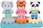 Three animal-themed toys on a blue base, including an elephant, tiger, and panda.
