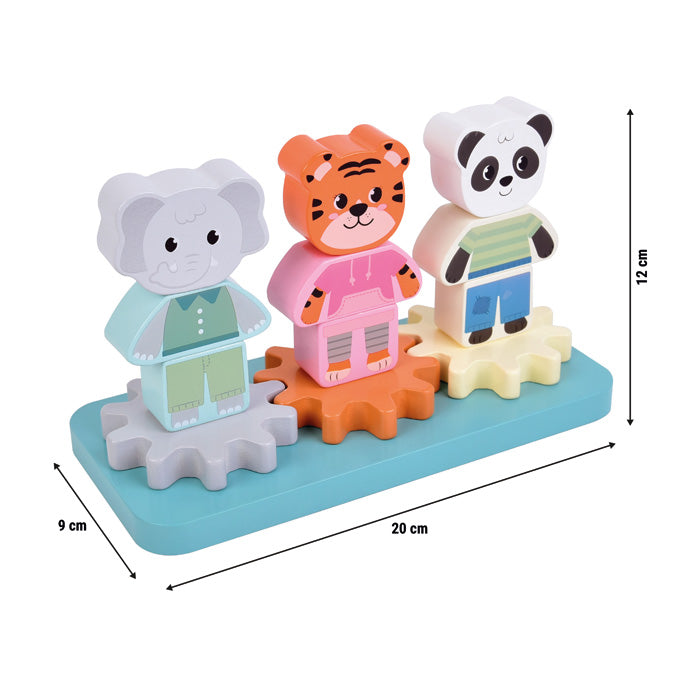 Set of colorful animal figurines on a stand with dimensions indicated.