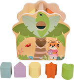 Formkubbahús með litríkum skógarmyndum og mismunandi formum fyrir þroskandi leik.