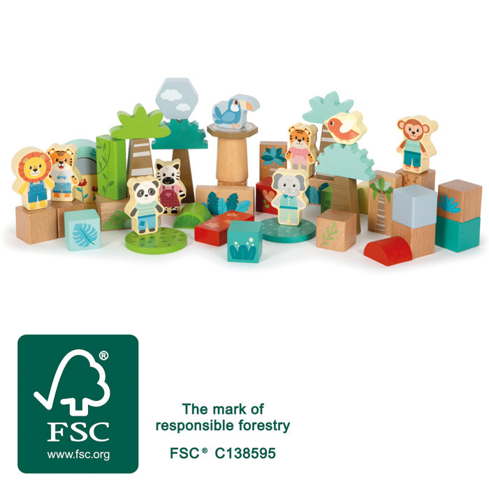 Set of wooden animal figurines with FSC certification logo on a white background