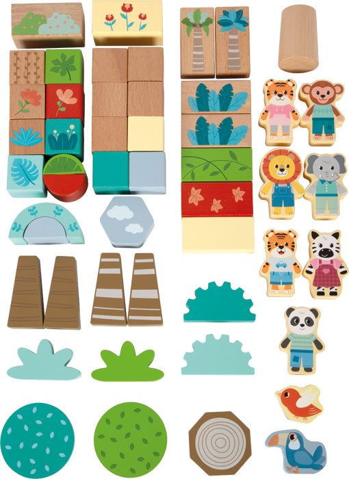 Collection of wooden toys including blocks, animal figures, and nature-themed pieces on a white background.