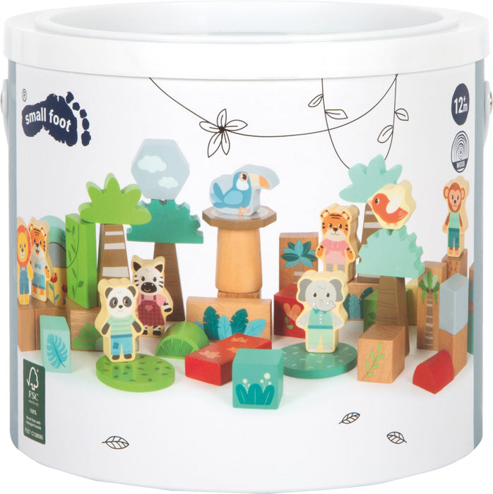 Wooden toy set packaging with animal figures and greenery, featuring the brand 'small foot'.