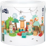 Wooden toy set packaging with animal figures and greenery, featuring the brand 'small foot'.