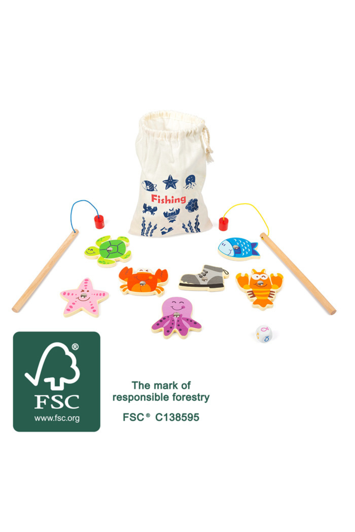 Fiska spil úr FSC-vottuðum við með tveimur veiðistöngum, litríkum sjávardýrum og geymslupoka