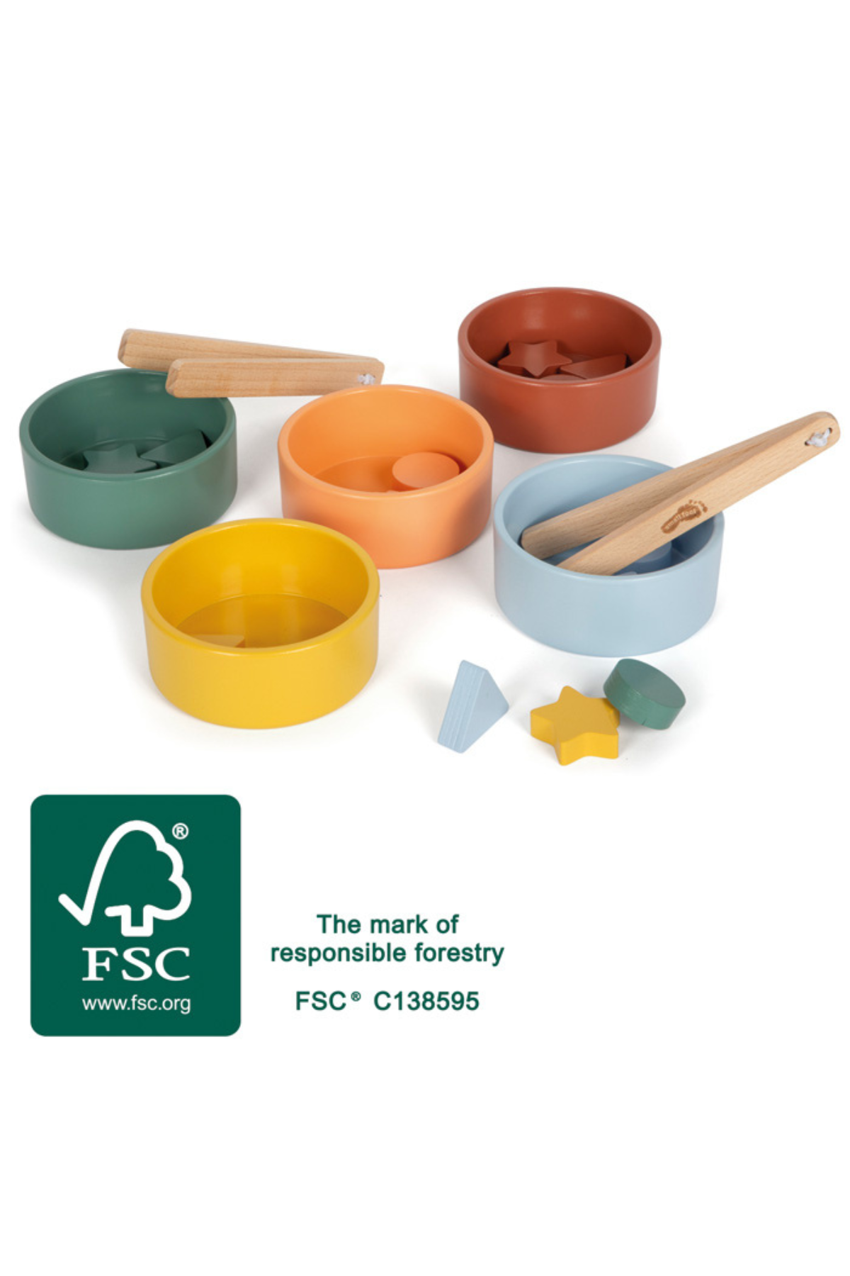 Montessori flokkunarleikur með skálum og töngum úr FSC vottuðum við