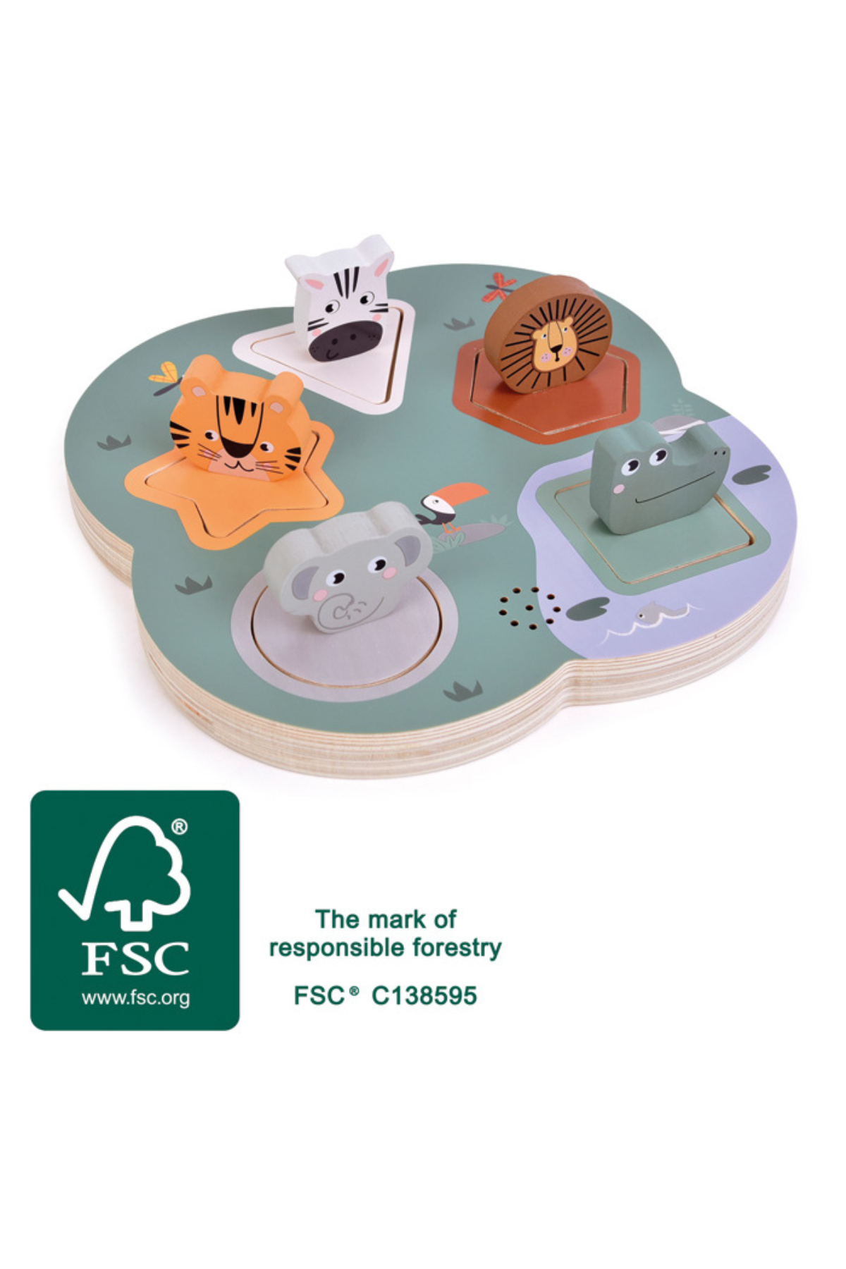 3D Safari hljóðpúsl – dýr og form á FSC® vottaðri púsla­plötu.