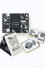 Tummy Time gift set with art cards for baby on a white background