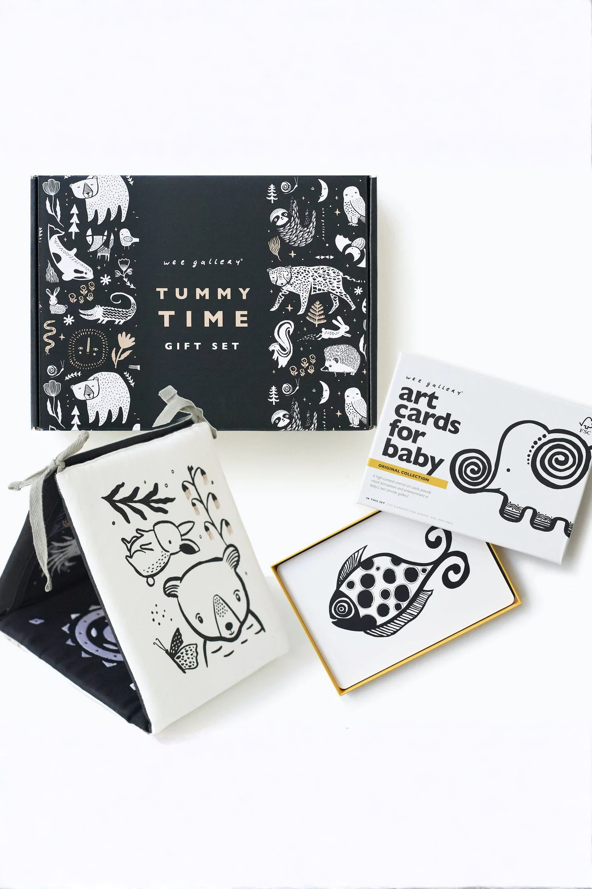 Tummy Time gift set with art cards for baby on a white background