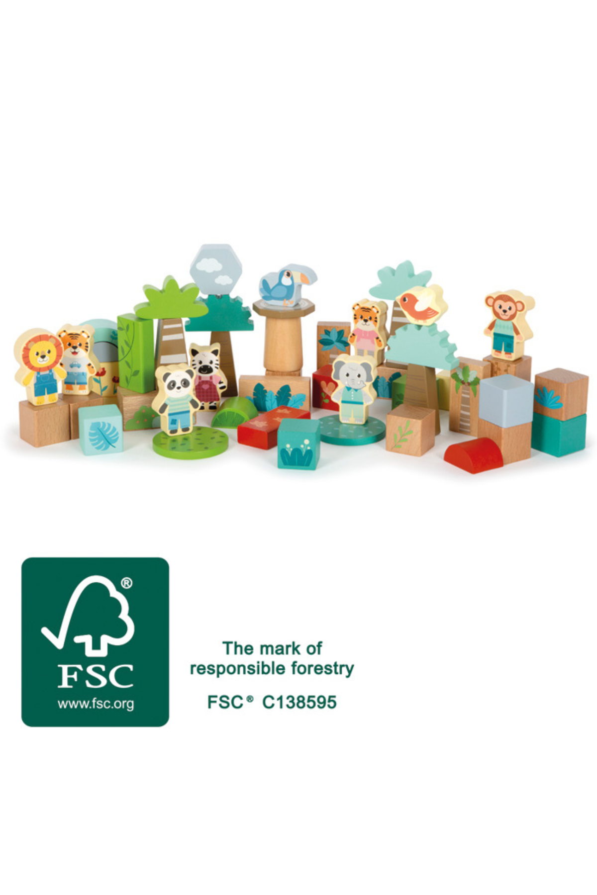Set of wooden animal figurines with FSC certification logo on a white background