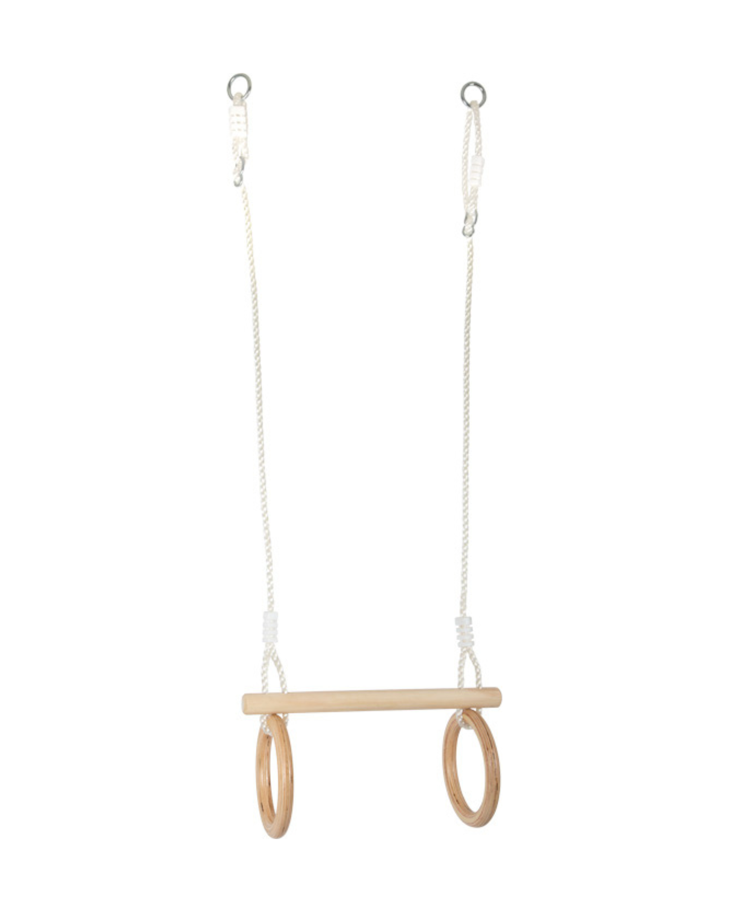 Trapeze stöng með viðarhringjum og hvítu reipi, nærmynd