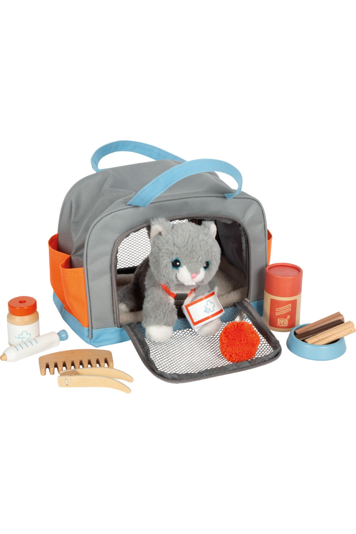 Kisudýr í ferðatösku með fylgihlutum eins og matardalli, skál og sprautu