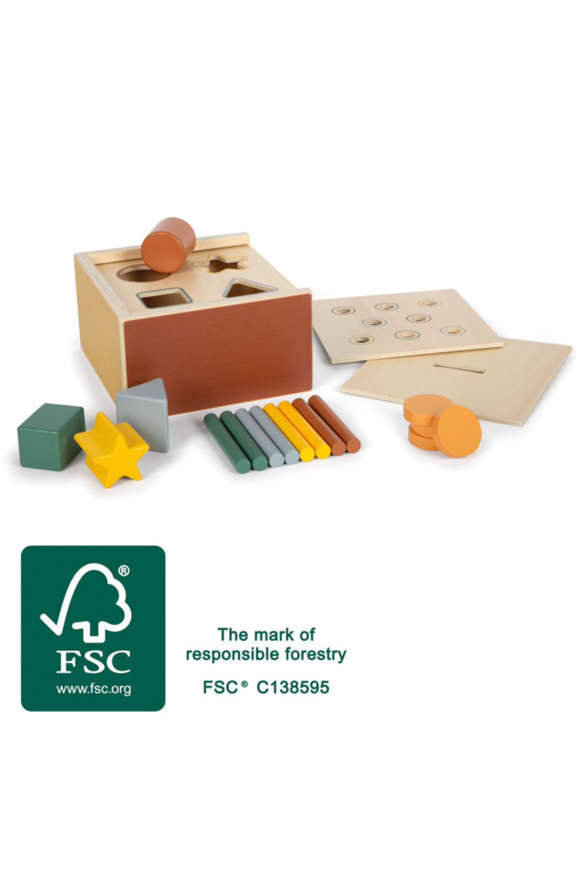 Leikfang með fjölda ísetningarvalkosta: stafaspjald, peningarauf og formaspjald úr FSC vottuðum við