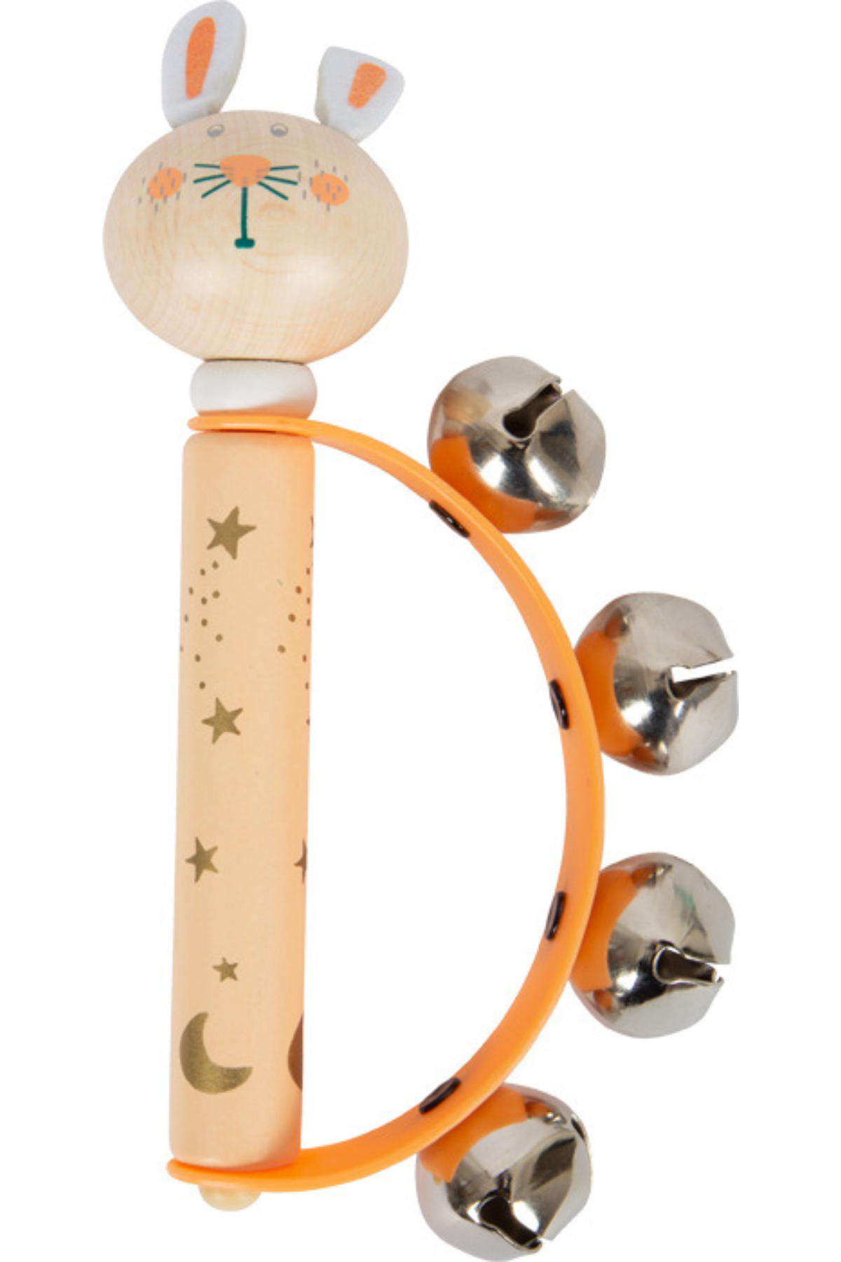 Appelsínugult barnahljóðfæri með kanínuhaus og bjöllum.