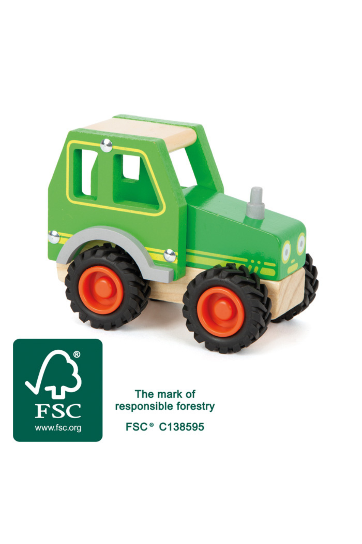 Traktor úr FSC-vottuðum við fyrir börn á hvítum bakgrunni