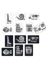 Set of black and white animal-themed art cards for babies on a white background.