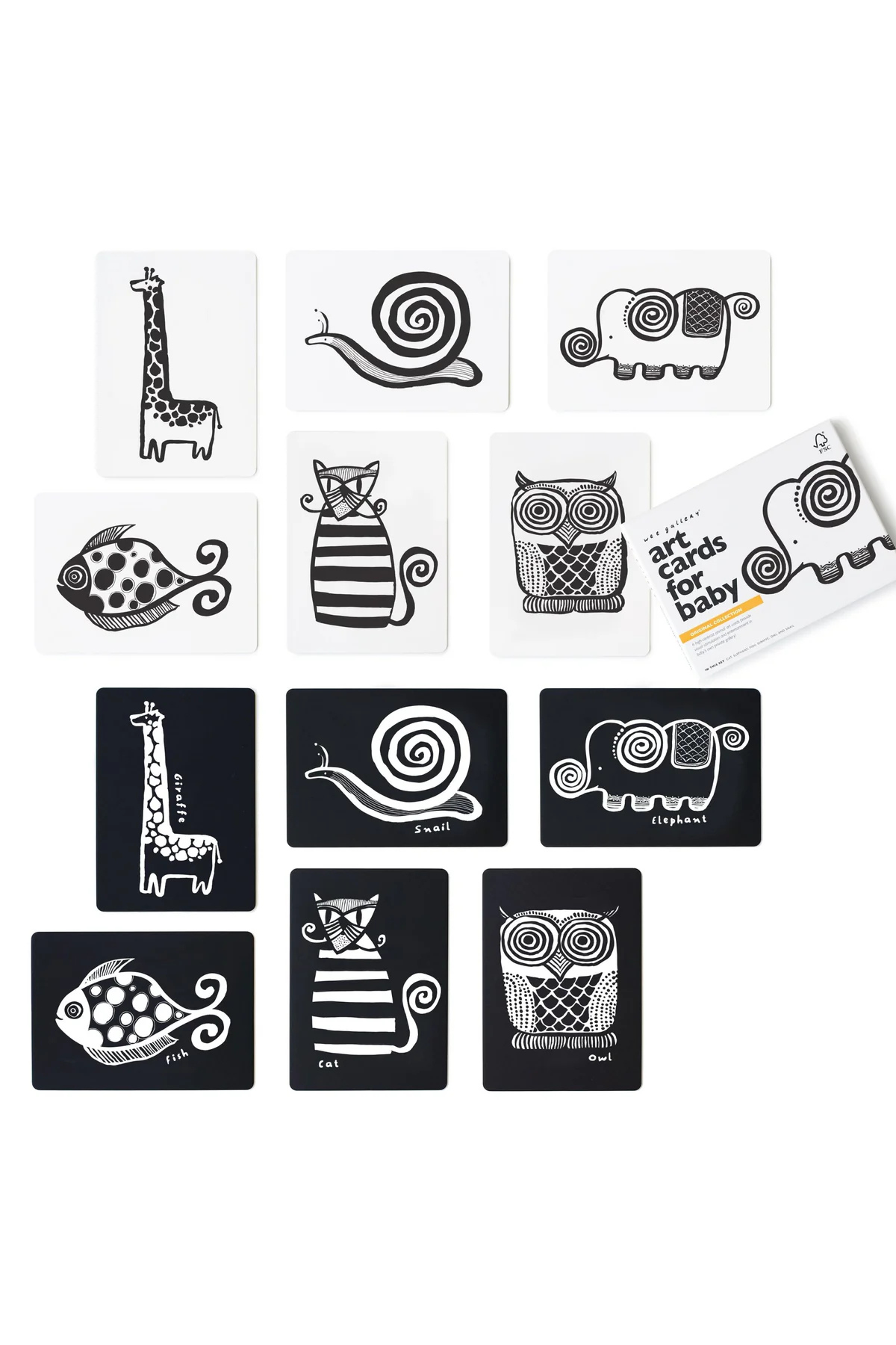 Set of black and white animal-themed art cards for babies on a white background.