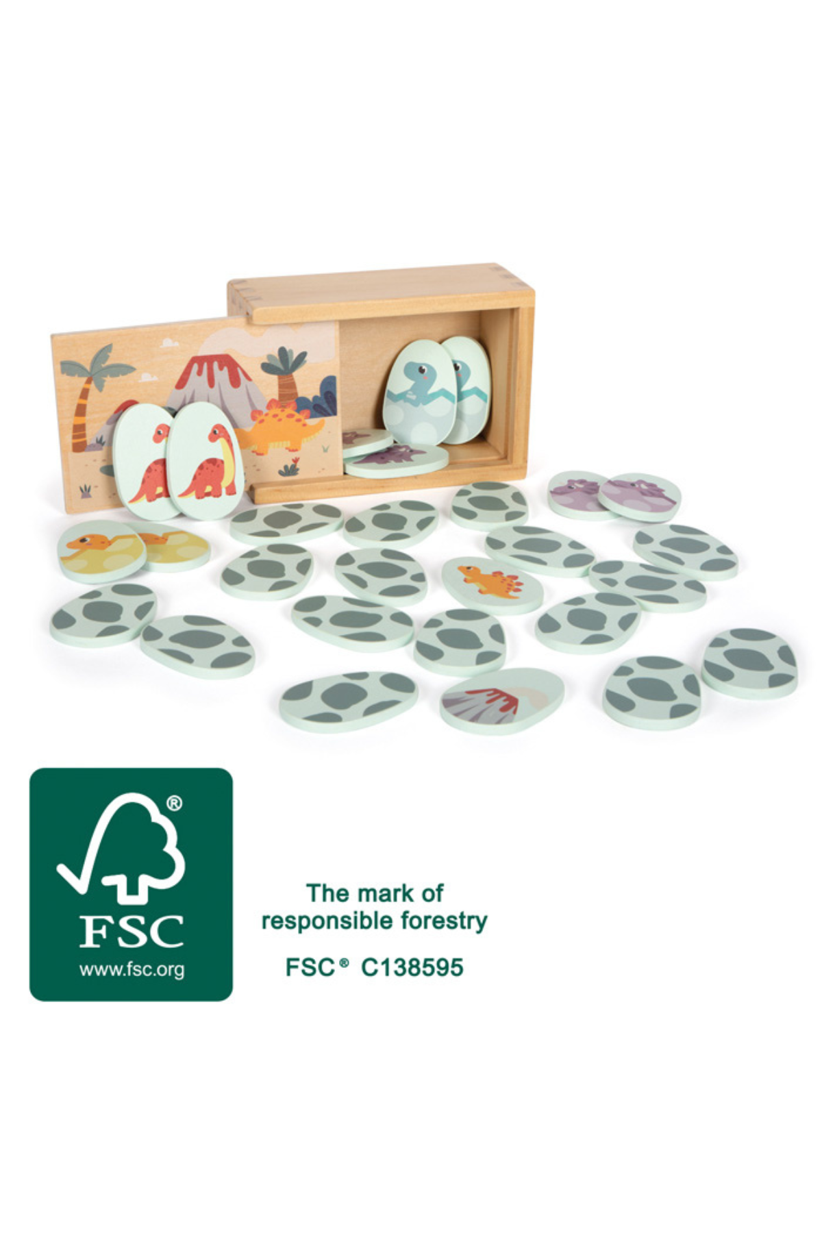 Samstæðuspil Dino úr FSC-vottuðum við með risaeðlum og viðarkassa fyrir börn