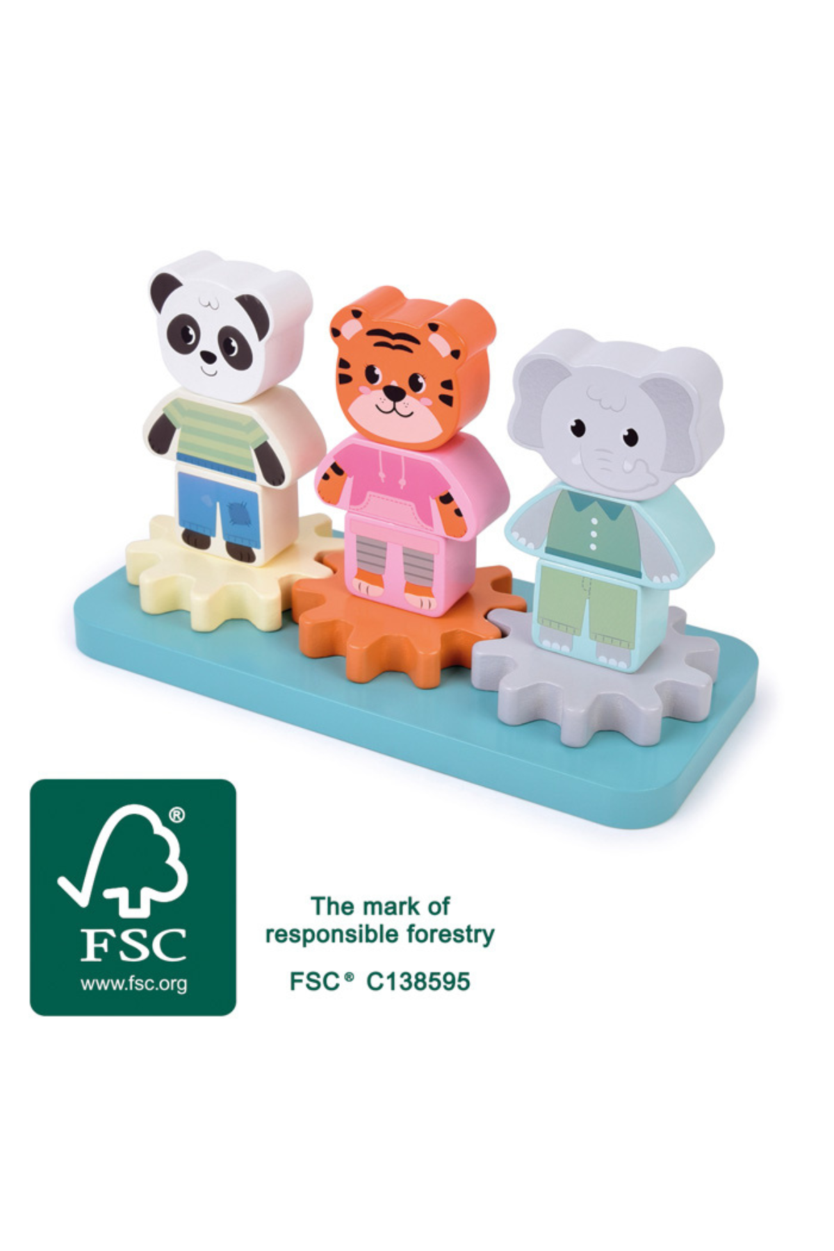 Three animal figurines on a stand with FSC certification logo below.