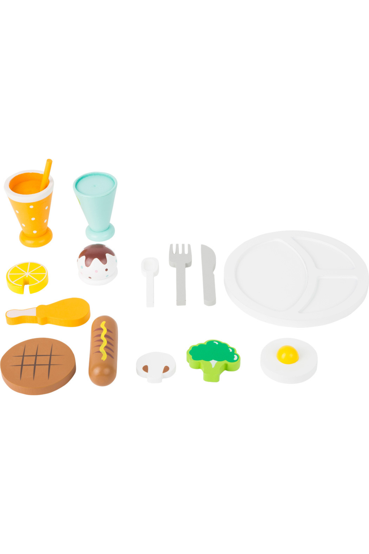 Allir íhlutir úr leikmáltíðasettinu lagðir upp á borð.