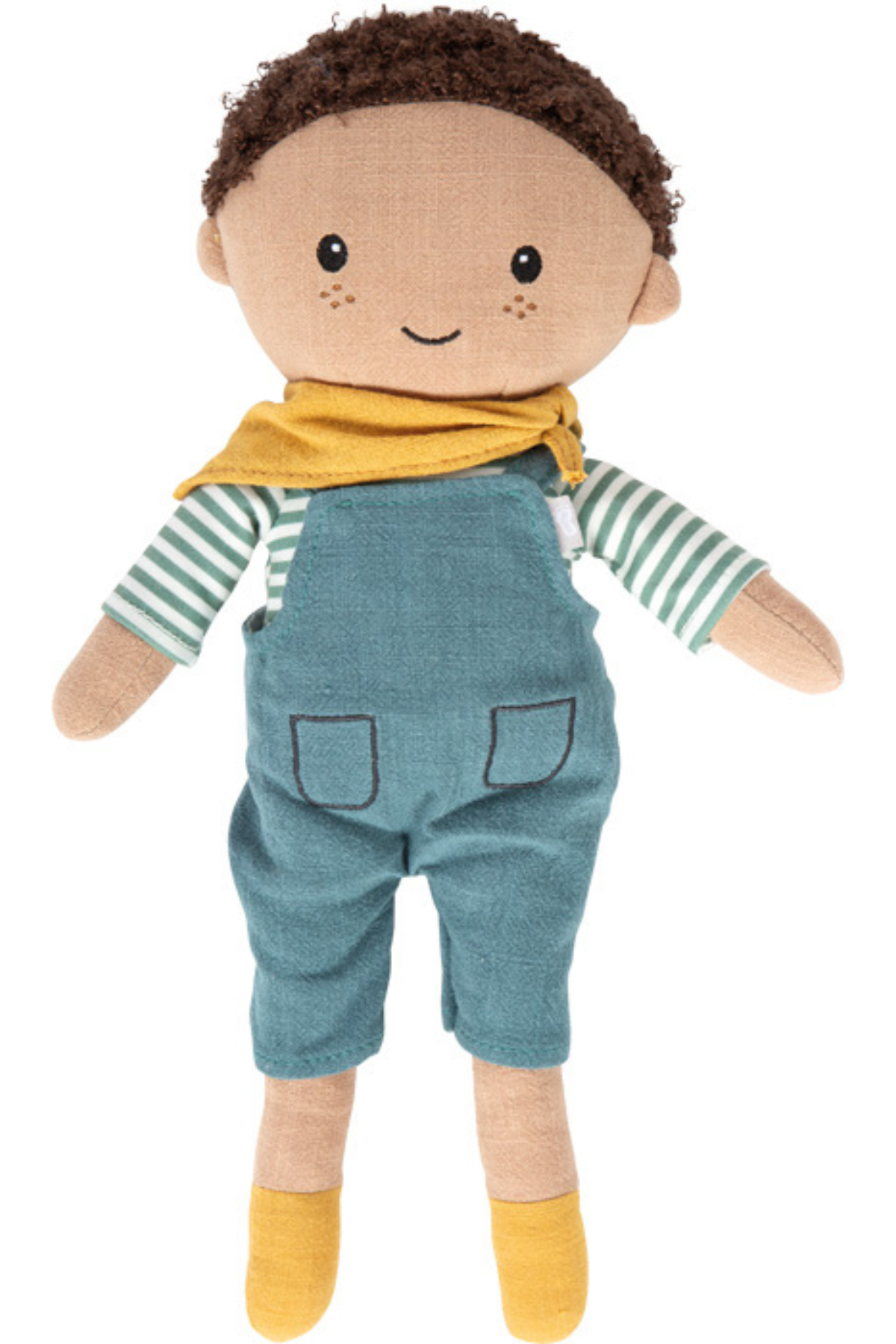 Leó tuskudúkka – mjúk dúkka með bláum smekkbuxum og trefli