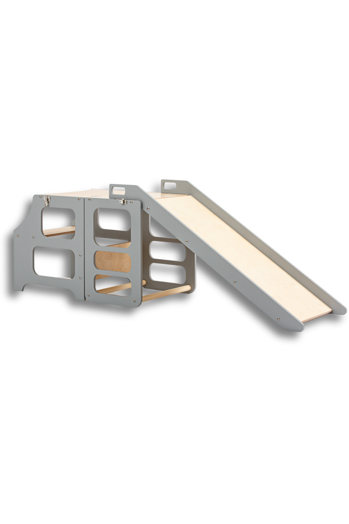 Grár 3in1 Montessori hjálparturn með rennibraut – step stool, leikturn og renna í einu