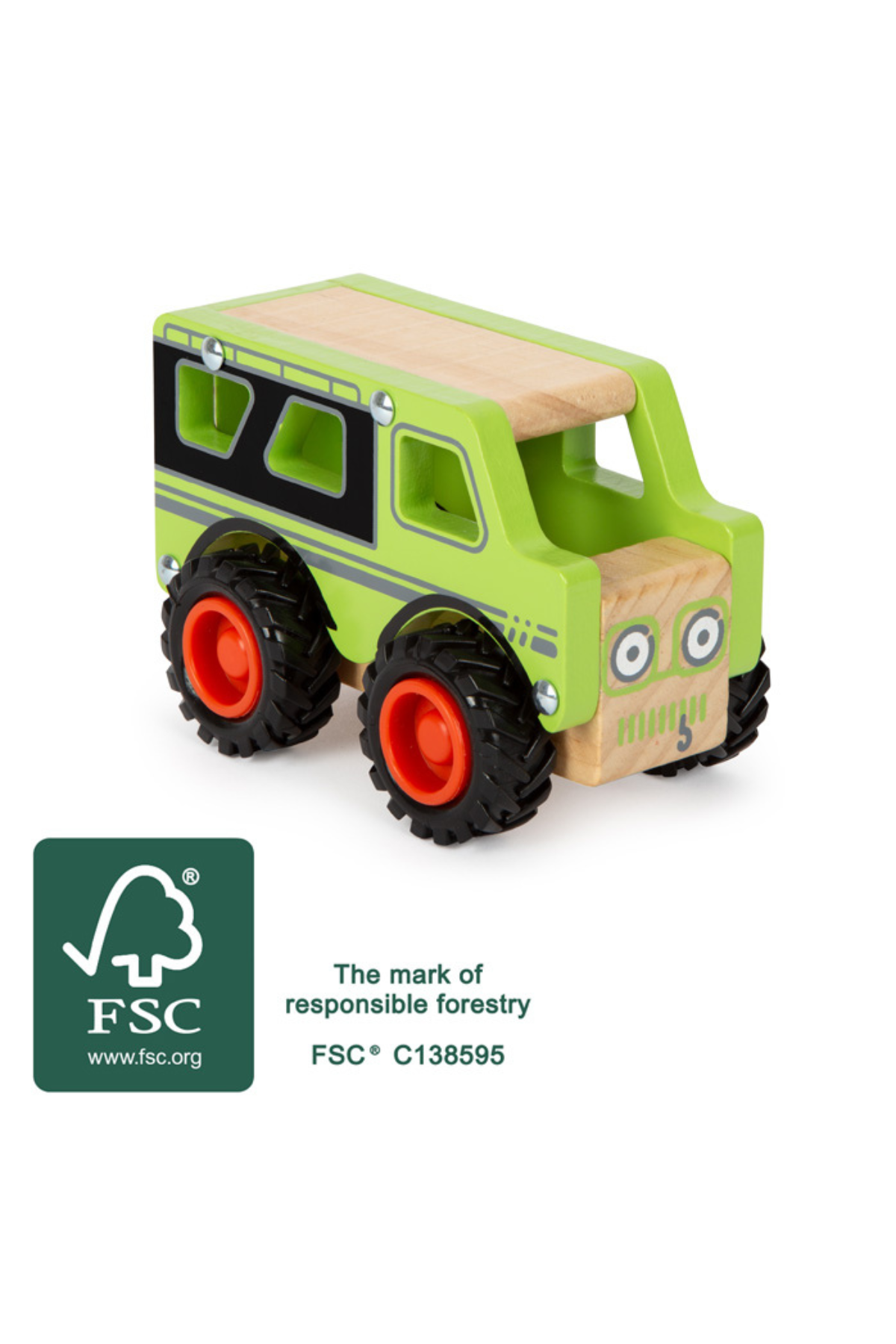 Off Road leikfangabíll úr FSC vottuðum við með grænu yfirbyggingu fyrir börn